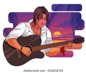 A boy with a guitar. Tropical evening. Vector illustration. 