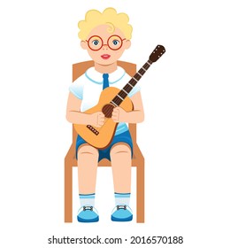 Boy with a guitar. Vector. Cartoon style. Music lesson. School of Music.