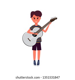 Boy with guitar, vector illustration. Boy playing guitar. Guitar Lessons. Pupil.