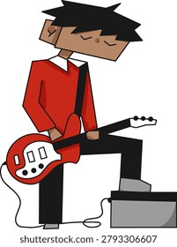 Boy guitarist vector character playing electric guitar in a music performance pose