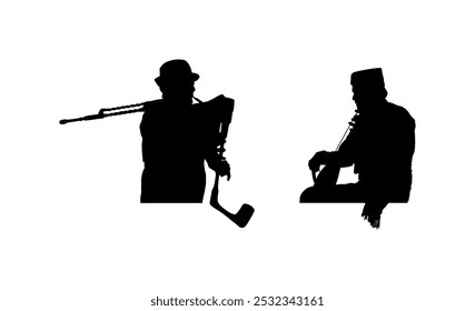 Niño guslar juego gusle dueto con gaita bagpiper hombre Vector silueta ilustración aislada. Instrumento de música tradicional Montenegro Serbia. Cantante y músico balcánico. Forma de artista folclórico.