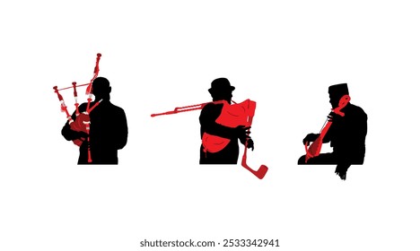 Niño guslar juego gusle trío con gaita hombre Vector silueta ilustración aislada. Instrumento de música tradicional Montenegro Serbia. Cantantes y músicos balcánicos. Forma de artista folclórico.