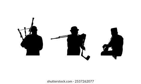 Boy guslar play gusle trio with bagpipe bagpipers man vector silhouette illustration isolated. Traditional music instrument Montenegro Serbia. Balkan singer musician players. Folklore artist shape.