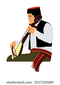 Menino guslar jogar gusle vetor ilustração isolado. Instrumento musical tradicional de Montenegro e Sérvia. Cantor e músico balcânico. Folclore artista homem evento divertimento. 