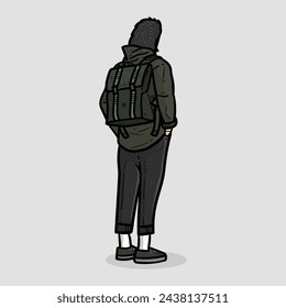 boy guy man facing back with his backpack hoodie jacket grey Background vector modern illustration