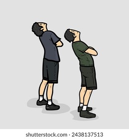 chico chico hombre ver algo en la parte superior juntos camiseta pantalones cortos zapatillas casual turismo gris Fondo vector ilustración moderna