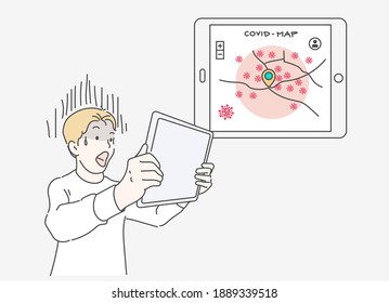 The boy had a frightened expression, when he see myself in the contagious coronavirus area. Hand drawn in thin line style, vector illustrations.