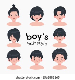 Boy hairstyle set. Teenage fasion haircut. Hairstyle. Modern fasion for assortment. Long, curly hair, haircut for men, vector, illustration on isolated background. 