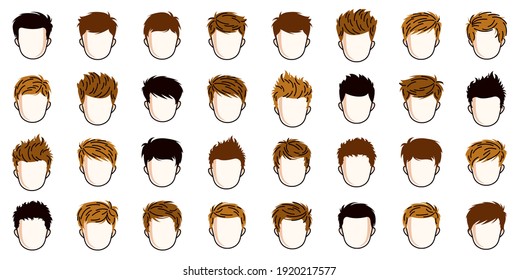 Boy hairstyles heads vector illustrations set isolated on white background, early teen kid boy attractive beautiful haircuts collection, different hair color.