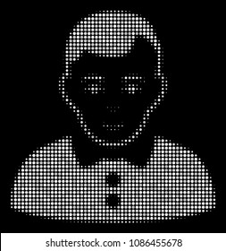 Boy halftone vector icon. Illustration style is dotted iconic boy icon symbol on a black background. Halftone pattern is spheric elements.