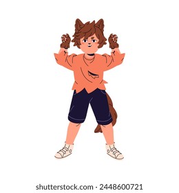 Boy in Halloween costume of werewolf. Cute child dressed in furry wolf with paws, tail, fangs. Kid wearing animal suit for masquerade, carnival. Flat isolated vector illustration on white background