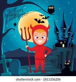 boy with halloween devil costume in front of house at night design, Holiday and scary theme Vector illustration