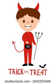 Boy in halloween devil costume laughing. With sign trick or treat.. Cartoon vector Character for party, invitations, web, mascot. Isolated.