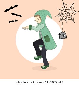 A boy in the halloween gnome costume is crawling to scary someone. Vector EPS 10 illustration.