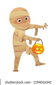 Boy in Halloween mummy costume cartoon vector character for party vector