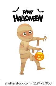 Boy in Halloween mummy costume cartoon vector character for party vector