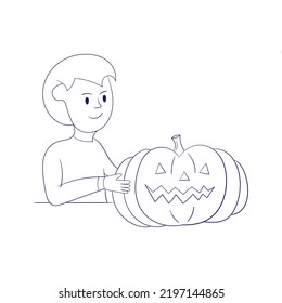 Boy with Halloween pumpkin. Modern style vector on white background. Coloring book for children. Thin line art