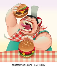 Boy with hamburgers. Cartoon and vector illustration.