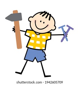 boy and hammer with nails, tool, funny vector illustration