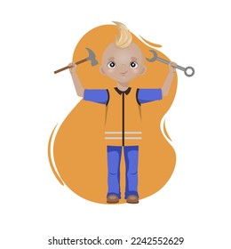 Boy with hammer and wrench. Isolate on a white background. Vector illustration.
