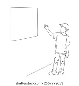 Boy with hand up at art picture in gallery. Continuous line drawing. Black and white vector illustration in line art style.