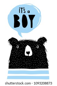 It's a Boy Hand Drawn Vector Illustration. Cute Black Bear. Blue Speech Bubble with Black Handwritten Text Inside. White Background. Baby Shower Theme.