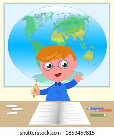Boy with hand up at his desk at school in geography class, vector digital illustration
