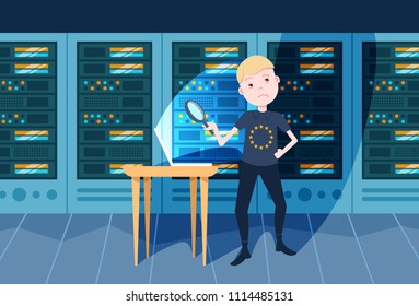 boy hand hold zoom laptop on table night security and protection General Data Protection Regulation GDPR concept flat