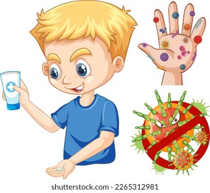 Boy with hand sanitizer for cleaning illustration