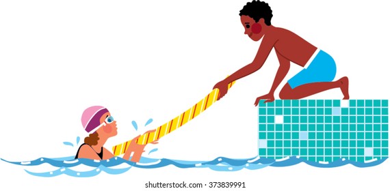 Boy Handing A Girl A Pool Noodle To Grab On To. Swimming Rules. Kid Saving Life To The Kid Who Learning To Swim In Pool. Vector Illustration. 