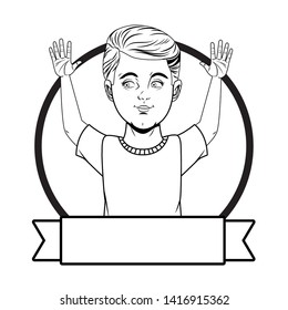 boy with hands up avatar in round icon with ribbon banner in black and white vector illustration graphic design