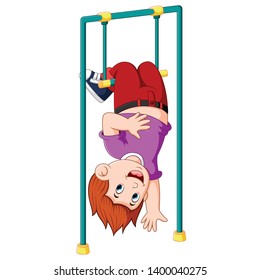 the boy is hanging on the monkey bar with is legs on the top