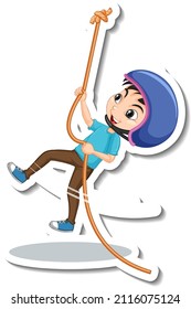 A boy hanging on rope cartoon character sticker illustration