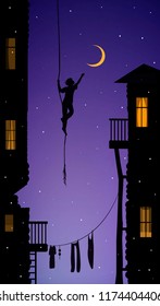 boy hanging on the rope and touching the moon, catch the dream in the city, vector