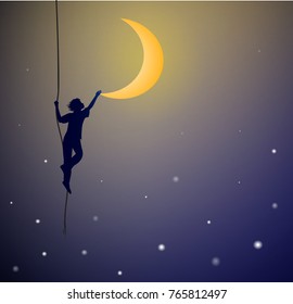 boy hanging on the rope and touching the moon, on the heavens, dream, shadows 
