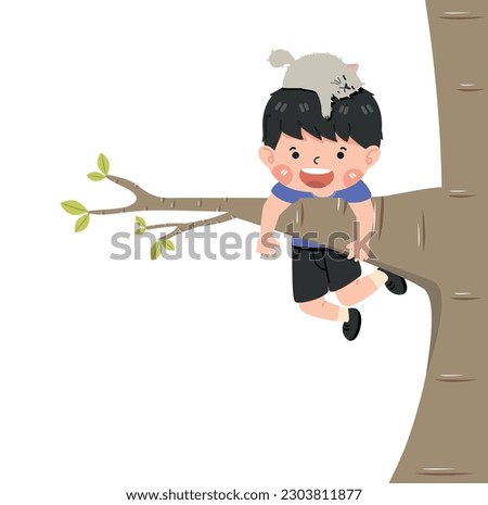 Boy hanging on a tree branch