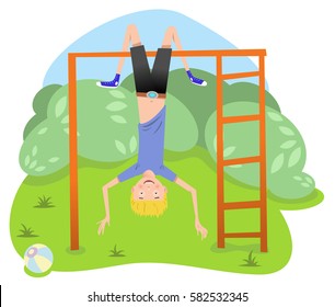 Boy hanging upside down from a jungle gym on a playground in a park (vector illustration)