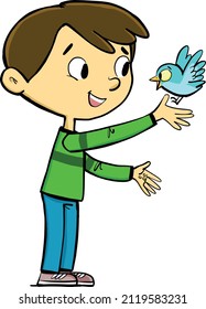 boy happily feeds the blue bird