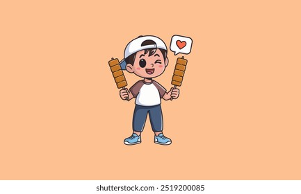 boy happily holding two skewers, expressing love and joy