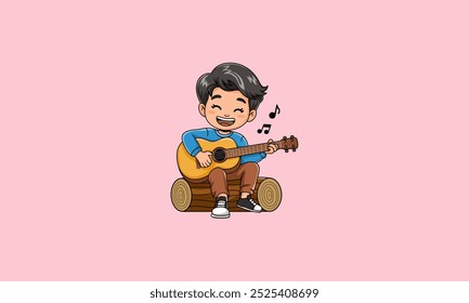 Boy happily playing guitar on a log.