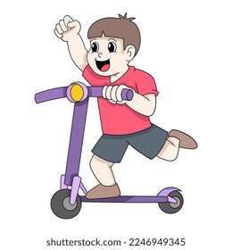 boy is happily playing manual scooter around the park. vector design illustration art