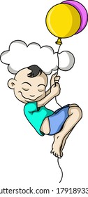 a boy happily rides a balloon