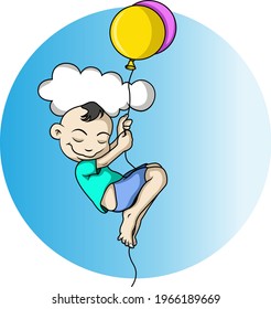 a boy happily rides a balloon