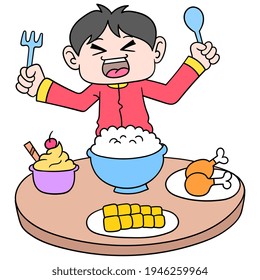boy happily welcomes food on the dining table, vector illustration art. doodle icon image kawaii.
