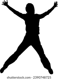 a boy with happy arms outstretched while jumping silhouette on white background