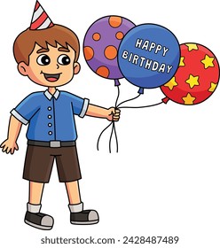 Boy with Happy Birthday Balloons Cartoon Clipart 