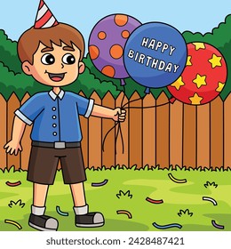 Boy with Happy Birthday Balloons Colored Cartoon