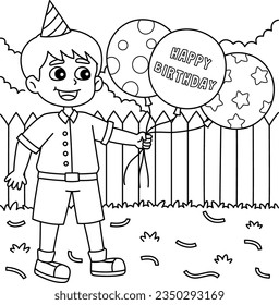 Boy with Happy Birthday Balloons Coloring Page 