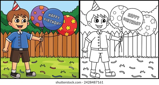 Boy with Happy Birthday Balloons Illustration