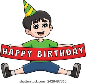 Boy with a Happy Birthday Banner Cartoon Clipart 